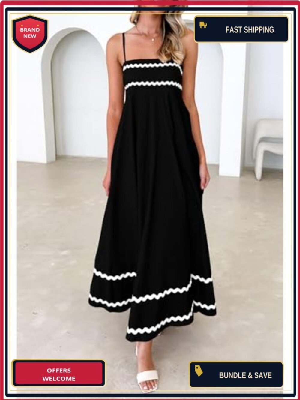 Boho Maxi Dress Sleeveless Square Neck High Waist Flowy Sundress with Pockets - Picture 4 of 6